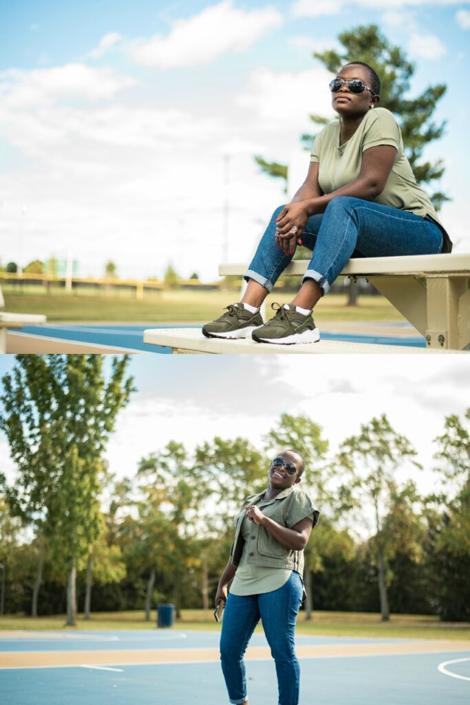 High Low T-Shirt With Green Jacket And Grey Sweater
